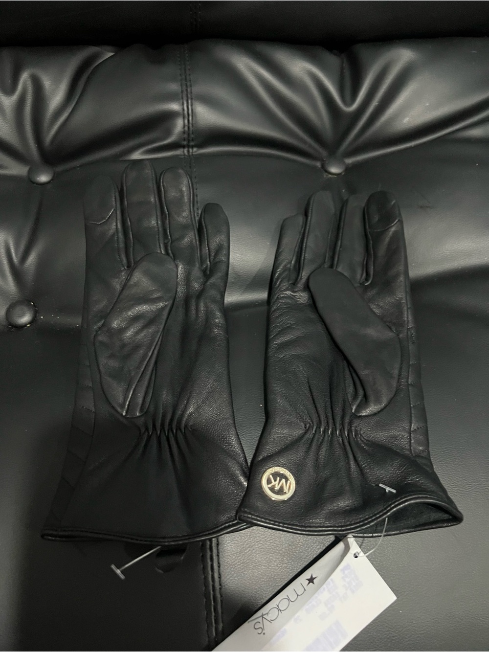 Michael Kors Black Leather Touchscreen Gloves with Gold MK Accent